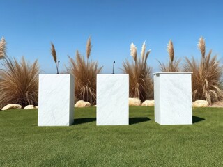 Three white marble pedestals stand on a green lawn against a backdrop of pampas grass and a clear blue sky.