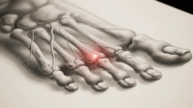 Anatomical Foot Illustration with Pain Highlight - An illustration of the human foot, highlighting the bone structure.
