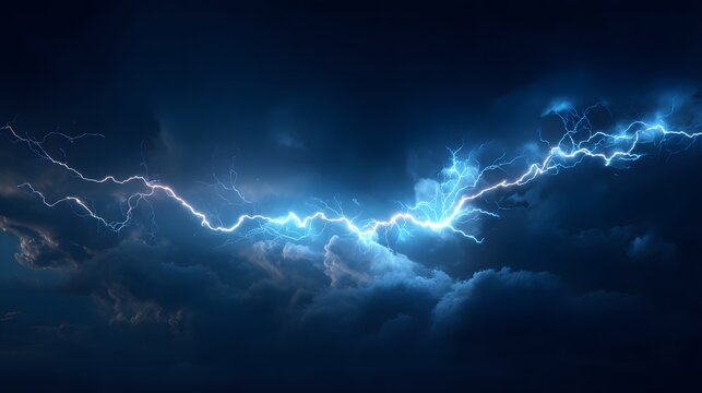 Electric blue lightning bolt illuminates a dark and dramatic thunderstorm scene, showcasing a powerful display of nature's force, with ominous clouds contrasting the bright