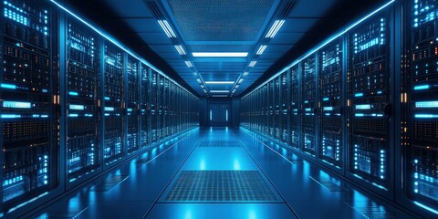 Blue-lit server room with rows of data storage cabinets, a long hallway, and a futuristic aesthetic