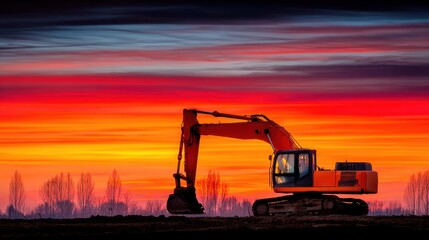 Construction Slowdown Design. Excavator silhouetted against a vivid colorful sunset sky.