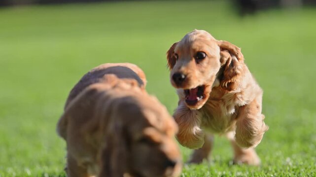 Two adorable spaniels running and tumbling on grass.