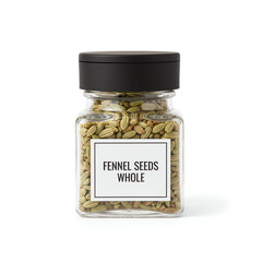 A glass jar of fennel seeds whole on white background