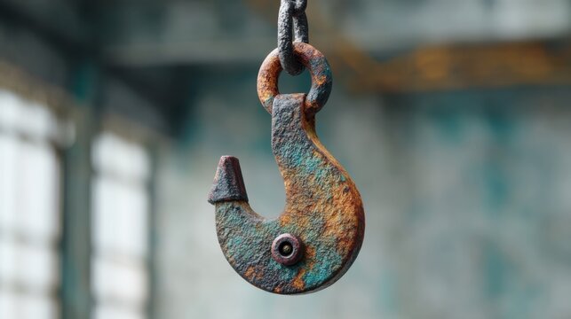 Construction Slowdown Design. Rusty industrial crane hook hanging in a warehouse with blurred background - Powered by Adobe
