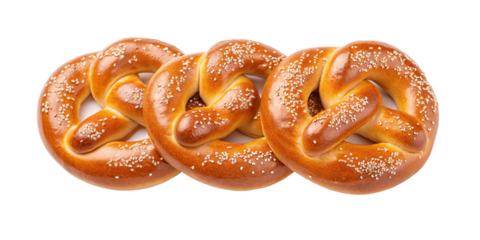 Freshly Baked Golden Soft Pretzels with Coarse Salt on Transparent Background
Close-Up of Shiny Salted Pretzels in a Row Isolated on White