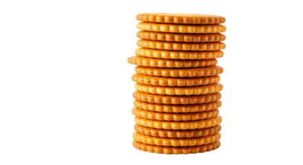 Isolated stack of small round butter cookies, dessert crackers, shortbread snacks on table