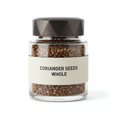 A glass jar of coriander seeds whole on white background