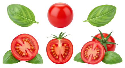 Isolated Fresh Tomato and Basil Ingredient Still Life Culinary Arrangement Food Design