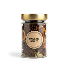 A glass jar of mulling spices on white background