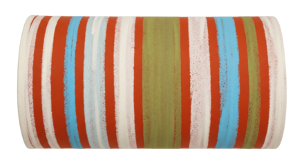 Isolated striped cushion bolster pillow with vertical stripes in olive, coral, blue and off-white