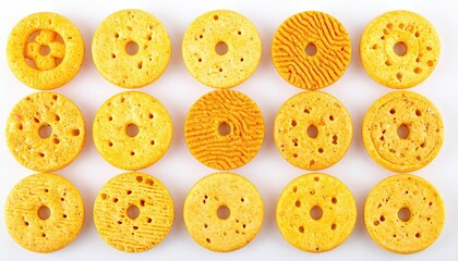 Obraz premium Golden Round Crackers with Center Holes Arranged on White Background