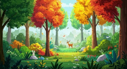 Enchanting autumn forest landscape with deer and rabbit, evoking a sense of tranquility and wonder