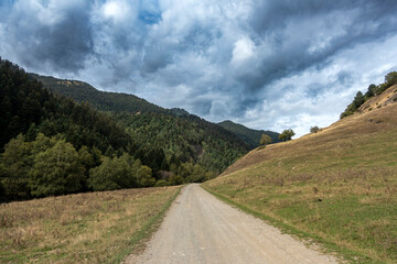 A rural track runs between a forested mountain and a grassy hill under a dramatic, cloudy sky in the Pyrenees, Spain