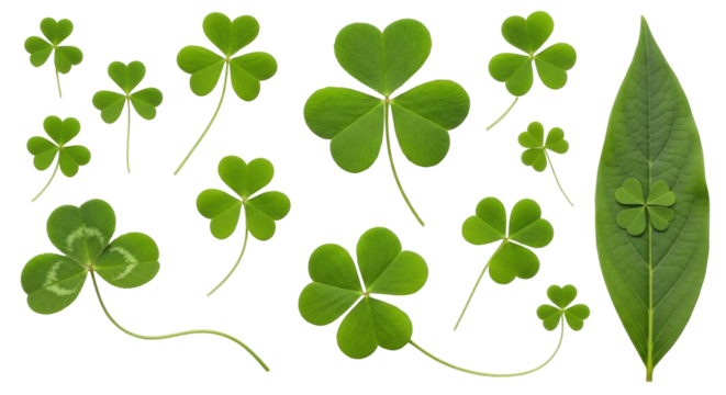 Isolated St Patricks day lucky shamrock leaves or clovers natural foliage Irish symbols