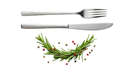 Isolated silverware, rosemary sprig and scattered peppercorns for a culinary presentation