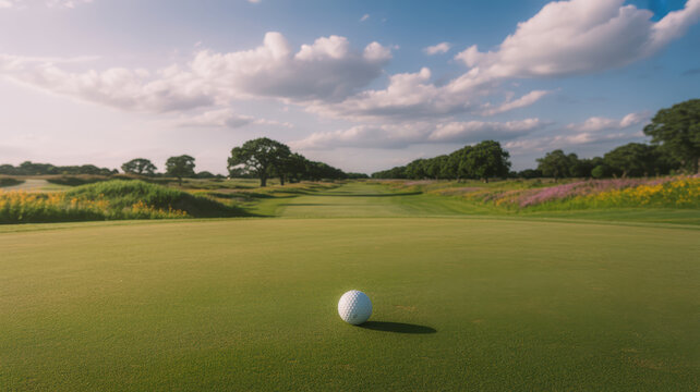 Golf course green grass golf ball blue sky summer landscape outdoor sport fairway nature peaceful scenic recreation leisure tree cloud sunlight field countryside relaxation day competition - Powered by Adobe