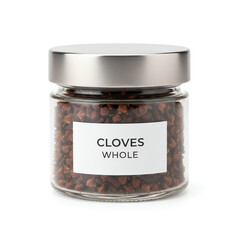 A glass jar of cloves on white background