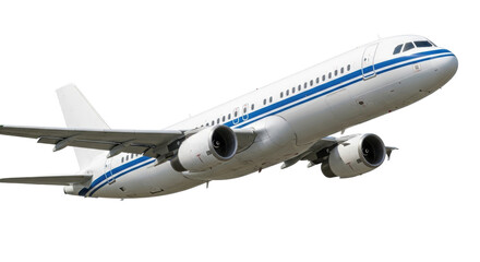 Isolated airliner in flight, banking in sky, passenger jet transport for tourism or business