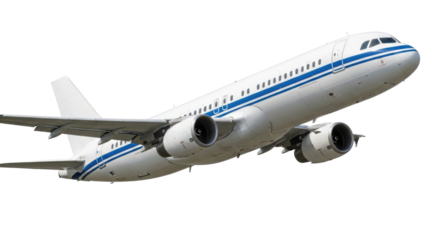 Isolated airliner in flight, banking in sky, passenger jet transport for tourism or business