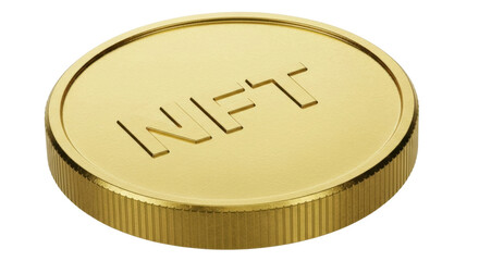Isolated golden NFT coin, cryptocurrency token, conceptual blockchain digital asset, tech