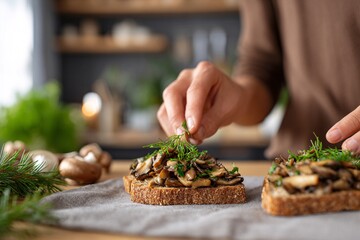Young man garnishing toast with fresh wild mushrooms Generative AI