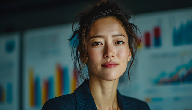 Confident Asian Businesswoman Presenting Data with Charts on Screen
