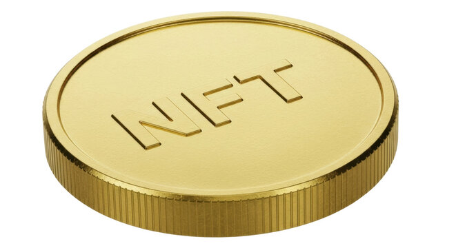 Isolated golden NFT coin, cryptocurrency token, conceptual blockchain digital asset, tech