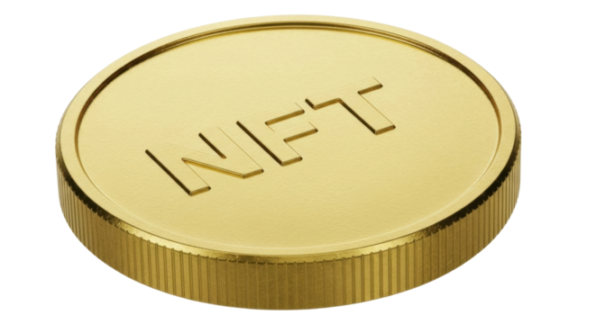 Isolated golden NFT coin, cryptocurrency token, conceptual blockchain digital asset, tech