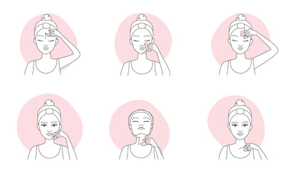 Gua sha massage, infographic line icons vector illustration. Hand drawn outline girls massage skin of face and neck with with jade or quartz stone massager, holding gua sha tool to draw along lines