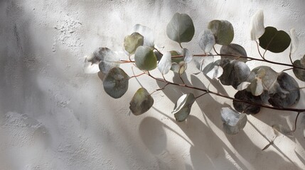 Eucalyptus Branch Casting Shadows on White Textured Wall