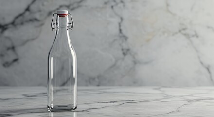 Clear Glass Bottle with Flip Top Closure on Marble Surface in Bright Natural Light
