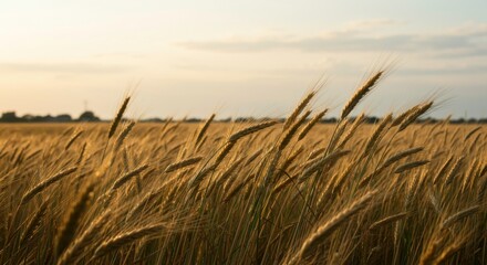 Golden wheat field swaying gently in the wind under a serene sunset sky
