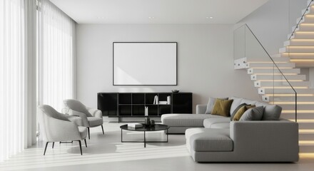 Modern living room with sectional sofa, armchairs, coffee table, and illuminated staircase