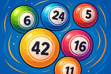 Colorful bingo balls in vibrant hues float against a blue background, capturing the fun and excitement of Bingo Day celebration.