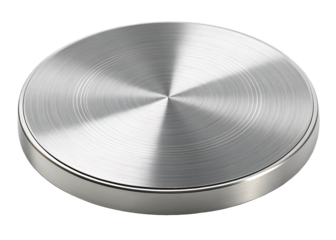 Close up of a brushed metal round knob with reflective surface isolated on transparent background