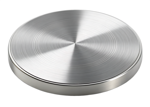 Close up of a brushed metal round knob with reflective surface isolated on transparent background