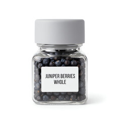 A glass jar of juniper berries whole on white background