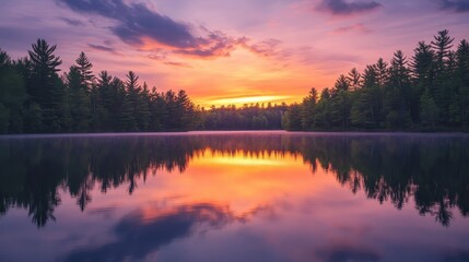 Obraz premium A calm lake reflecting a vibrant sunset over a horizon of pine trees, peaceful and picturesque.