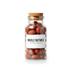 A glass jar of whole nutmeg on white background