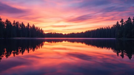 Obraz premium A calm lake reflecting a vibrant sunset over a horizon of pine trees, peaceful and picturesque.