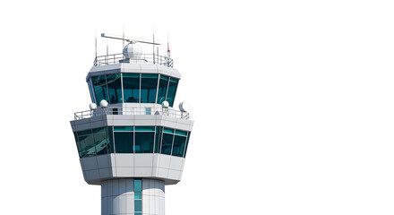 An imposing airport control tower standing tall against the sky. The tower features a modern design with multiple levels and large windows offering a panoramic view.