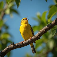 Yellow warbler bird perched on a tree branch sings with beak open. Small yellow bird on a branch in a garden or forest. Bright plumage against a blue sky and green leaves.