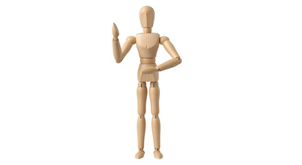 Isolated wooden figure stands with its arm raised to gesture or communicate idea nicely