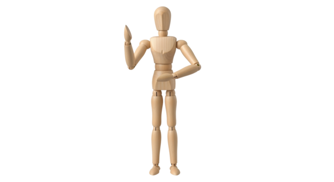 Isolated wooden figure stands with its arm raised to gesture or communicate idea nicely