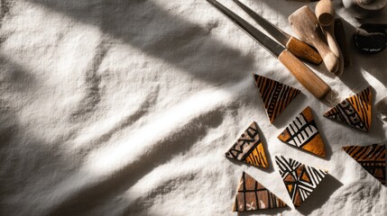 Artisan wood craftsmanship with intricate patterns on fabric surface in sunlit workshop setting