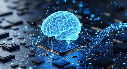 Abstract glowing blue brain hologram on a computer circuit board, representing artificial intelligence and technology