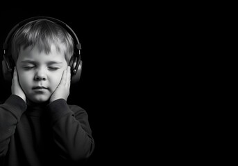 Young neurodivergent girl with headphones holding ears, conveying sound overload and emotional sensory reaction in calm minimal backdrop
