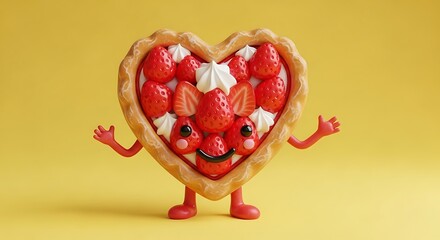 Strawberry heart pie character on yellow background