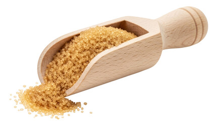 Isolated scoop of brown sugar spilling out, light-colored wood handle, granulated and raw