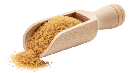 Isolated scoop of brown sugar spilling out, light-colored wood handle, granulated and raw